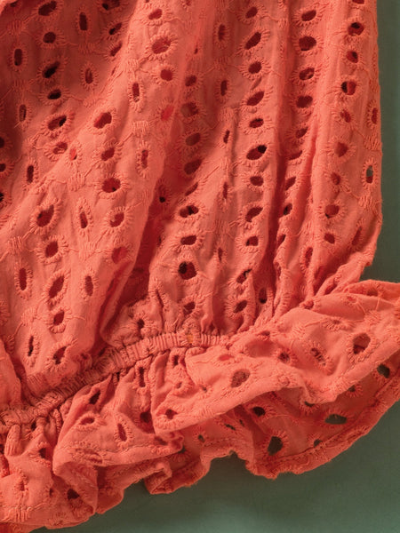 Elegant Eyelet Babydoll Dress with Carrot Contrast Bodice