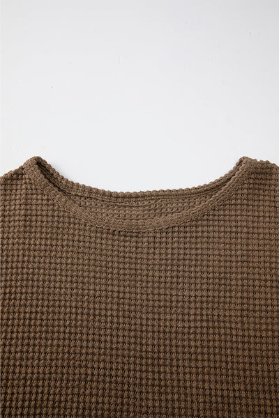Women's Dark Brown Waffle Knit Long Sleeve Drop Shoulder Top - Cozy Casual Style for Effortless Everyday Chic