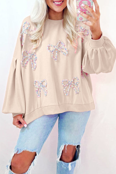 Cozy Women's Oversized Parchment Sweatshirt with Embroidered Bow & Lantern Sleeves Chic Pullover for Effortless Style