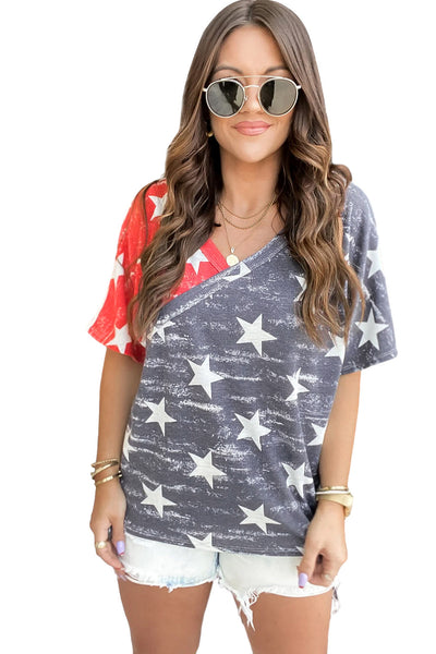 Summer Star Print V-neck Off-shoulder T-shirt - Drop Shoulder - Off-Shoulder - Barcelet - Scoop - Bare