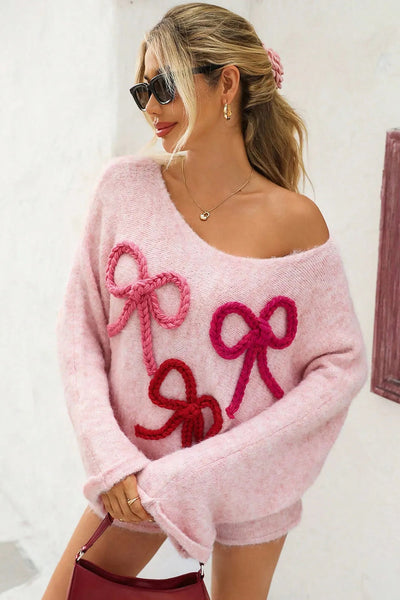Cozy Women's Pink Baggy Sweater with Braided Bow Detail & Round Neck Stylish Knitwear for All Seasons
