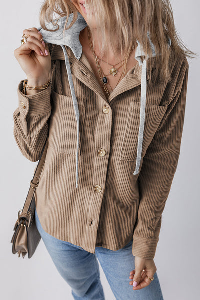 Chic Women's Pale Khaki Corduroy Shacket with Hood, Drawstring, and Pockets - Perfect for Casual Layering