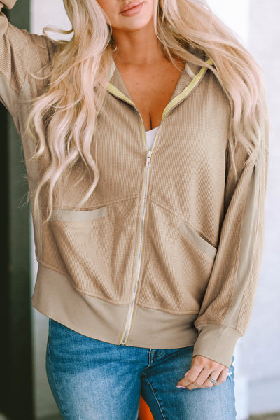 Plus Size Casual Coat, Women's Plus Colorblock Double Zip Up Long Sleeve Drawstring Nipped Waist Ruched Hooded Coat