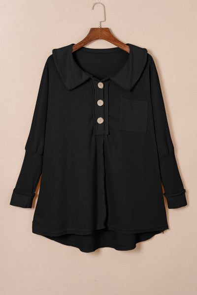 Casual Chic Women's Black Waffle Knit Long Sleeve Button-Up Top for Cozy Everyday Comfort and Effortless Style