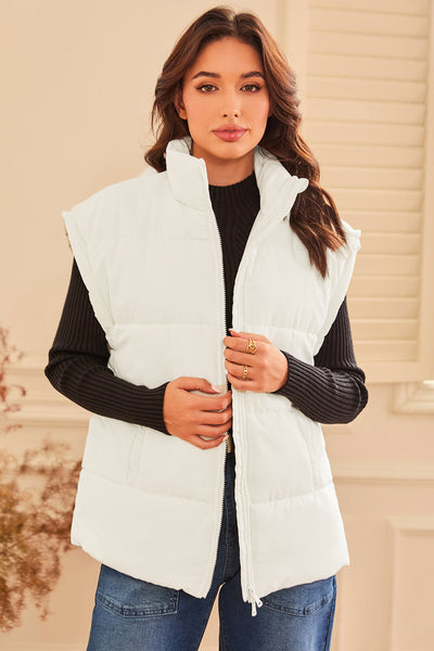 Cozy Women's Oversized Beige Puffer Vest with Zipper Neck - Stylish Cold Weather Outerwear for Ultimate Comfort