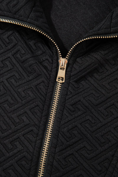 Chic Women's Black Textured Half-Zip Sweatshirt with Collared Neckline for Effortless Casual Style and Cozy Comfort