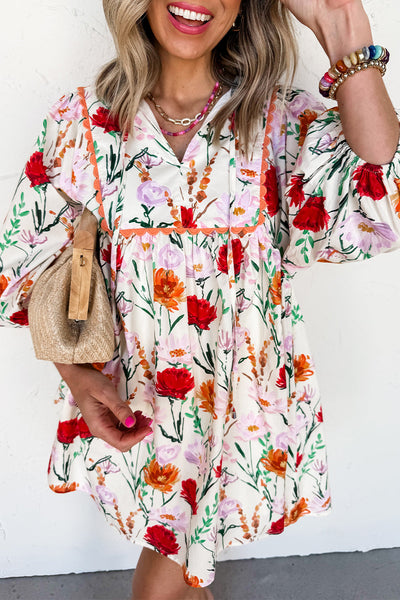 Women's Floral Ricrac Trim Mini Dress with Puff Sleeves