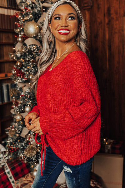 Chic Fiery Red Oversized Knit Sweater for Women with V-Neck and Adjustable Hem for Effortless Style