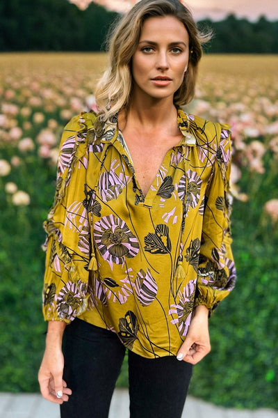 Women's Vintage Floral Blouse in Yellow - Stylish V-Neck Top with Ruffle Trim and Long Sleeves for Any Occasion
