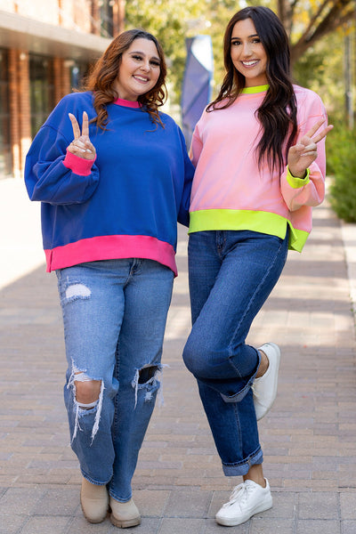 Trendy Women's Pink Colorblock Bubble Sleeve Sweatshirt - Cozy Casual Top for Effortless Everyday Style
