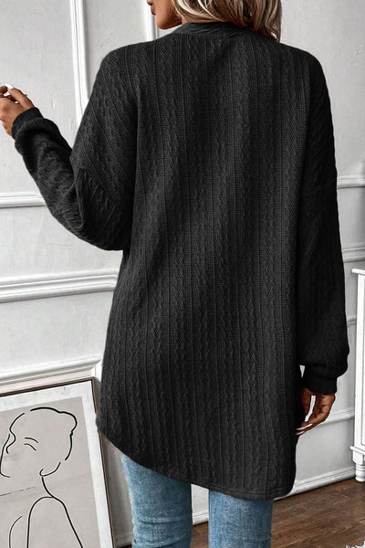 Chic Black Textured Knit Cardigan for Women with Side Pockets and Open Front  Stylish Layering Essential