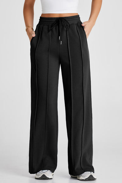 Women's Black High-Waist Wide-Leg Seamed Sweatpants