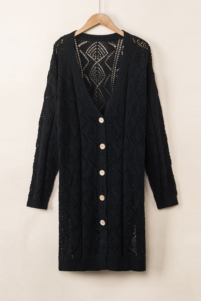 Chic Women's Black Hollow-Out Knit Cardigan for Stylish Layering - Lightweight, Openwork Design, Perfect for All Seasons