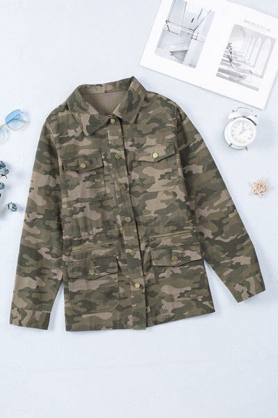 Women's Green Camouflage Print Utility Jacket with Button Closure and Multiple Pockets