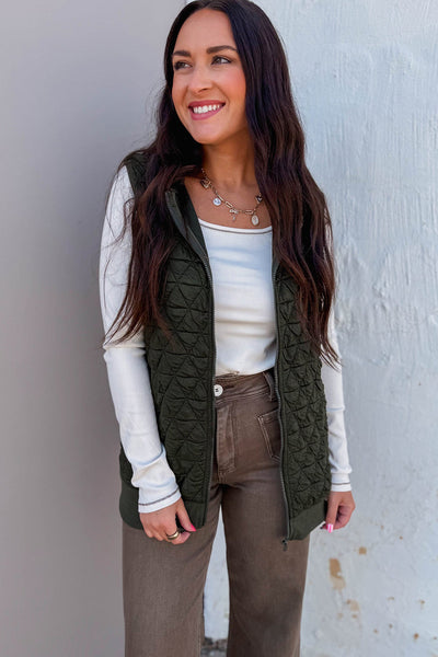 Stylish Women's Blackish Green Quilted Hooded Vest - Perfect Layering Piece for Cozy Fall and Winter Outfits
