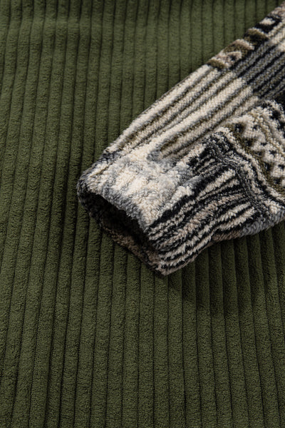 Women's Cozy Jungle Green Ribbed Fleece Plaid Jacket - Effortless Layering with Stylish Patchwork Design