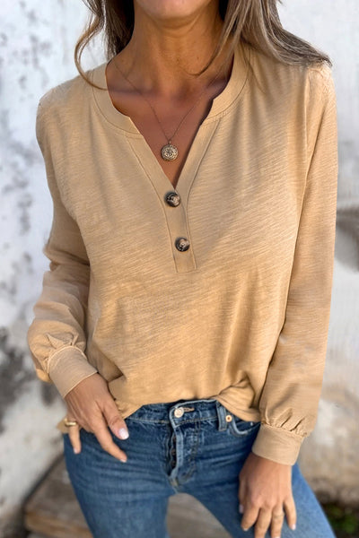 Women's Light French Beige Long Sleeve V-Neck Henley Blouse