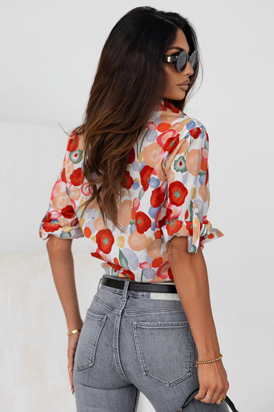 Ink Blossom Lapel Long Sleeve Blouse