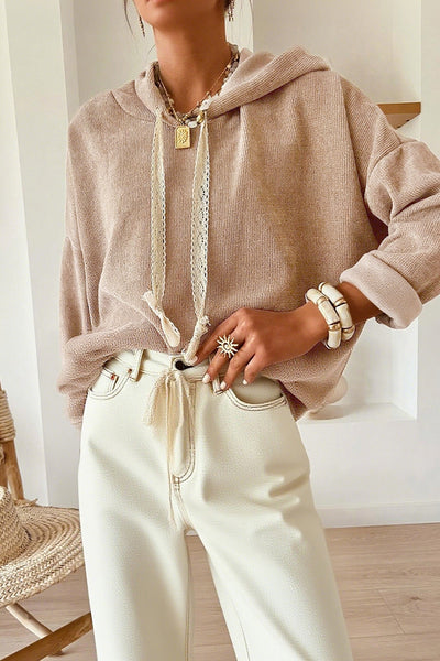 Women's Textured Thermal Lace Drawstring Hoodie in Oatmeal