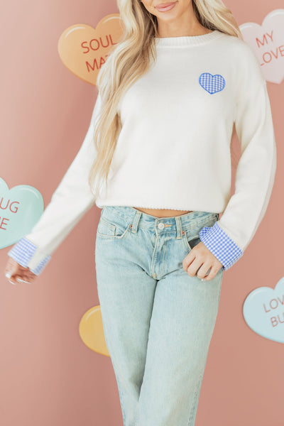 Women's Plaid Heart Embroidered Cuffed Crew Neck Sweater