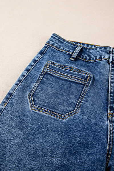 Women's Sky Blue High-Rise Patch Pocket Straight Leg Jeans