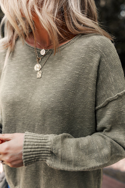 Cozy Women's Green Four Leaf Clover Drop Shoulder Sweater with Raw Hem - Perfect for Casual Everyday Wear