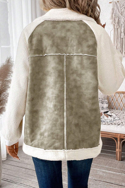 Women's Cozy Laurel Green Faux Suede Sherpa Jacket with Pockets - Stylish Zip-Up Outerwear for Comfort and Warmth