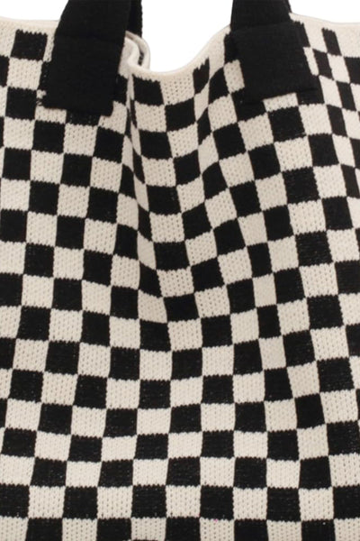 Women's Black and White Checkered Knit Shoulder Tote Bag