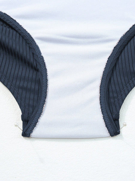 Nautical Blue Ribbed Ruched Drawstring Monokini