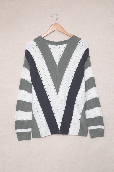 Zip-Up V-Neck Striped Sweater