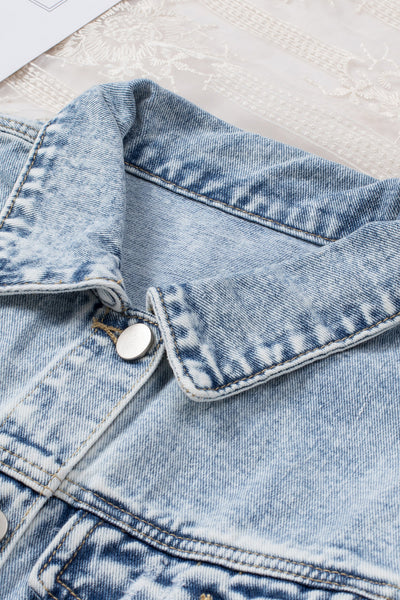 Trendy Women's Sky Blue Distressed Denim Jacket with Lapel and Raw Hem for Effortless Casual Style