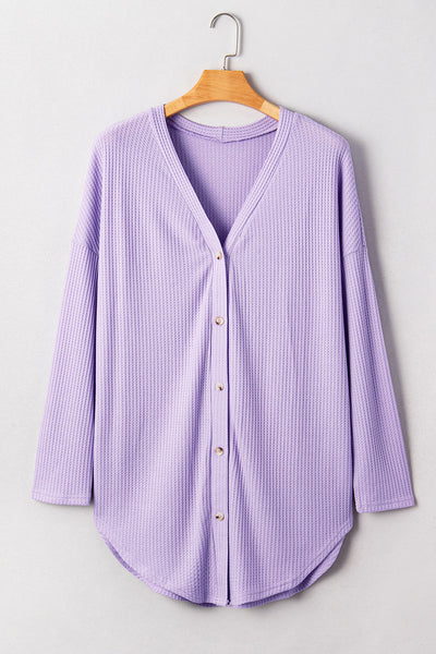 Plus Size Women's Cozy Orchid Petal Waffle Knit Cardigan - Stylish Button Front Layer for Effortless Comfort