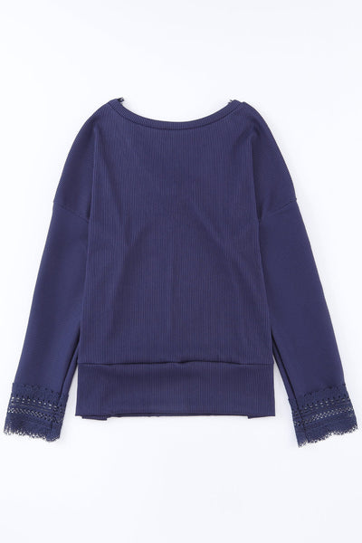 Stylish Women's Blue Ribbed Long Sleeve V-Neck Top with Lace Trim for Comfortable Everyday Wear