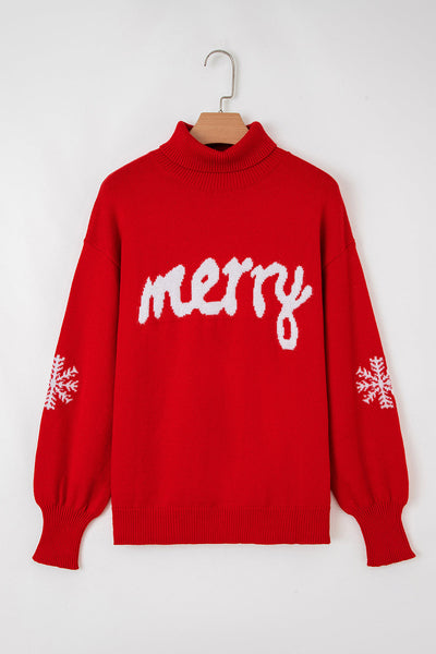 Women's Merry Script Turtleneck Sweater in Fiery Red Knit