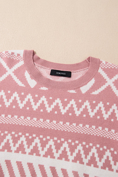 Cozy Women's Fuchsia Abstract Print Pullover Sweater - Stylish Knit Top for Fall & Winter Wardrobe Essentials