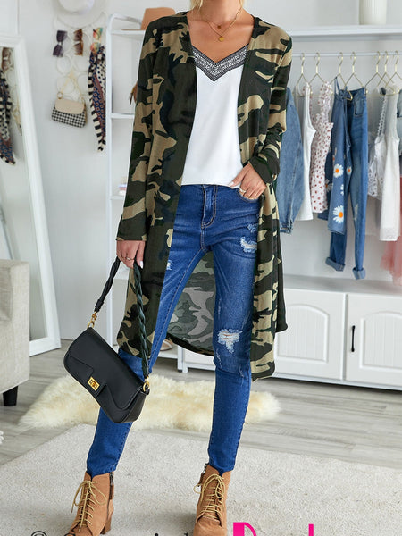 Women's Green Camo Print V-Neck Cardigan in Cardigans