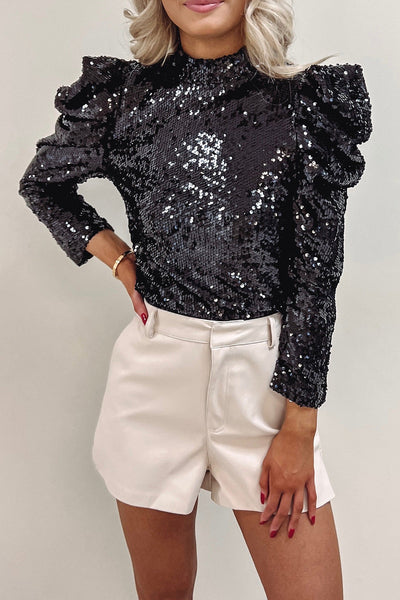 Elegant Black Sequin Bubble Sleeve Top for Women's Night Out - Chic Mock Neck Design, Perfect for Parties and Events