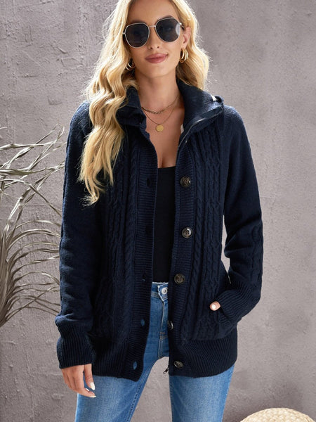Navy Blue Cable Knit Faux Fur-Lined Hooded Sweater Coat