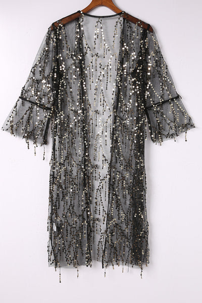 Women's Black Sequin Sheer Long Sleeve Open Front Kimono