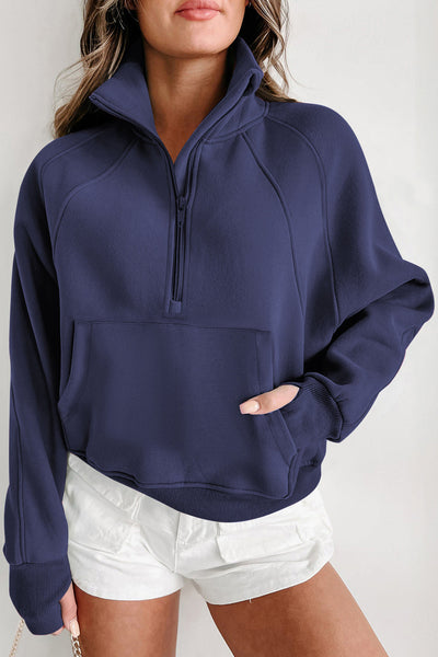 Cozy Women's Navy Blue Fleece-Lined Zip-Up Sweatshirt with Stand Collar & Thumbhole Sleeves for Ultimate Comfort