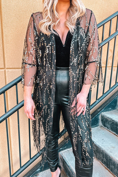 Women's Black Sequin Sheer Long Sleeve Open Front Kimono