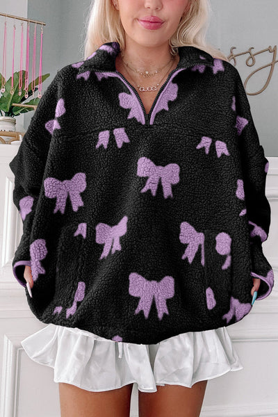 Cozy Women's Black Bow Sherpa Quarter-Zip Sweatshirt with Drop Shoulder for Casual Chic Comfort and Style