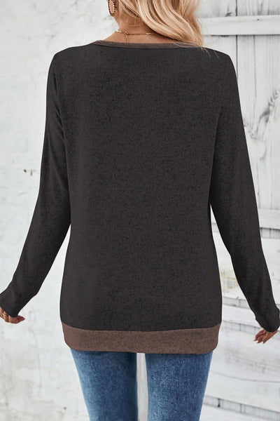 Women's Chicory Coffee V-Neck Color Block Top with Button Detail