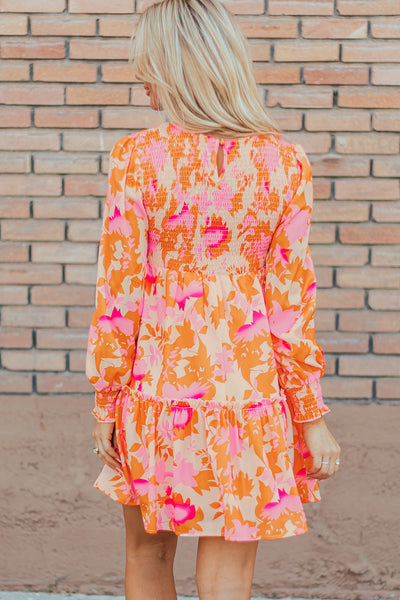 Trendy Women's Orange Abstract Print Ruffle Mini Dress with Smocked Lantern Sleeves for Summer Fashion