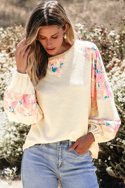 Trendy Women's Apricot Floral Patchwork Blouse with Textured Fabric and Balloon Sleeves for Effortless Style