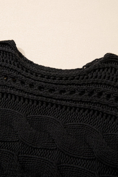 Chic Women's Black Cropped Hollow-Out Cable Knit Sweater - Lightweight Fall & Winter Fashion Essential