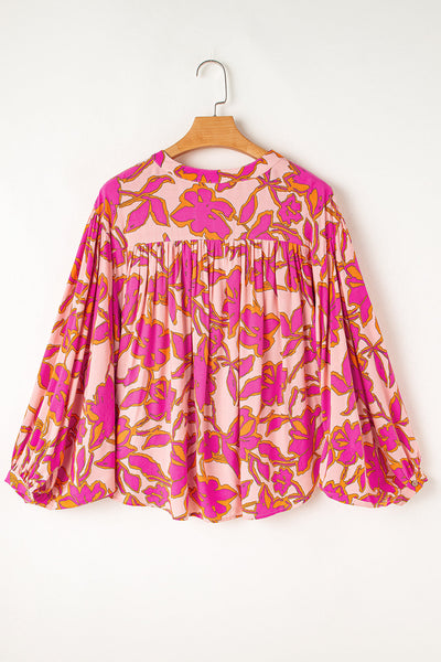 Women's Pink Floral 100% Viscose Batwing Sleeve Button-Up