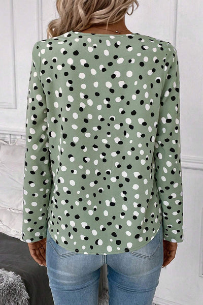 Stylish Women's Green Polka Dot V-Neck Blouse with Button Front - Perfect Casual Top for Spring and Summer Fashion