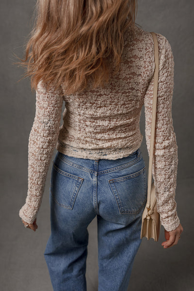 Elegant Blue Women's Lace Textured Slim Fit Mock Neck Long Sleeve Top for Stylish Casual Outfits