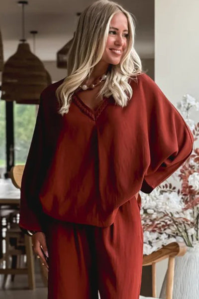 Chic Women's Red Clay Oversized V-Neck Top & Drawstring Pants Set - Trendy Loose Fit 2-Piece Outfit for Effortless Style